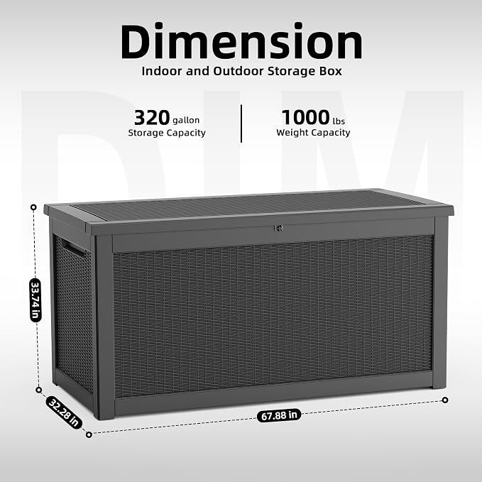 DRATO 320 Gallon Outdoor Storage Box Waterproof, Large Resin Lockable Outdoor Deck Box with Lid, Weatherproof Container for Patio Furniture Cushions, Garden Tools, Pool Accessories (Black, 320 Gallon)