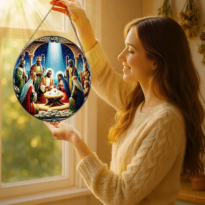 Stained Glass Suncatcher, Black Nativity Scene Sun Catcher Ornament; Stained Glass Window Hanging, Christmas Ornament, Christian Decor; Gifts for Christmas, Christian Gift, Religious Gift