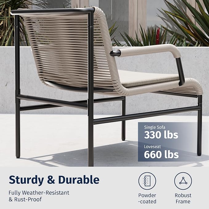 East Oak 4 Piece Patio Furniture Set, Outdoor Furniture with PE Wicker Rattan Chairs and Coffee Table, Modern Patio Conversation Set with Soft Pad for Garden, Backyard and Porch, Apricot