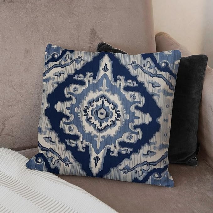 Throw Pillow Covers Blue Grey Medallion Ikat Pillows Abstract Solid Navy White Pillow Cover Accent Decorative Cushion Covers Home Decor for Patio Garden Sofa Chairs 24x24 in
