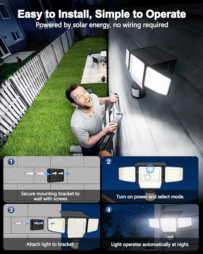 6000LM Solar Lights Outdoor, 4 Heads Motion Sensor Outdoor Lights, Solar Flood Lights for Yard House Outside Garage, IP65 Waterproof, 3 Modes, Easy Install, 4 Pack