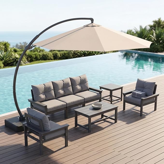 11 FT Cantilever Umbrella with Base Included, Large Round 360° Rotation Offset Umbrella Outdoor Patio, Heavy Duty Aluminum Frame, Sand-Weighted Stand, for Deck, Backyard, Poolside, Garden (Beige)