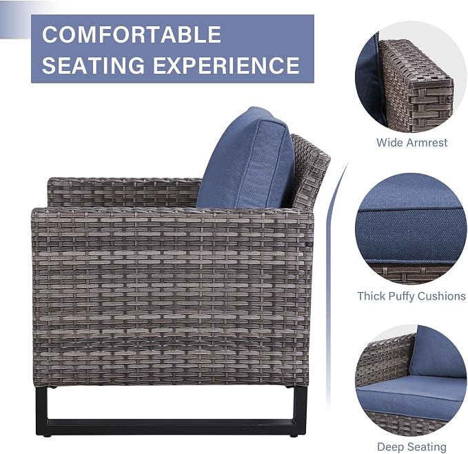 Luxury Wicker Outdoor Patio Chairs Set - 3 Piece Rattan Patio Furniture Bistro Chairs Set with Waterproof Wicker,Comfortable Cushions and Sturdy Metal Frame for Porch Deck Backyard(Mixed Grey/Blue)