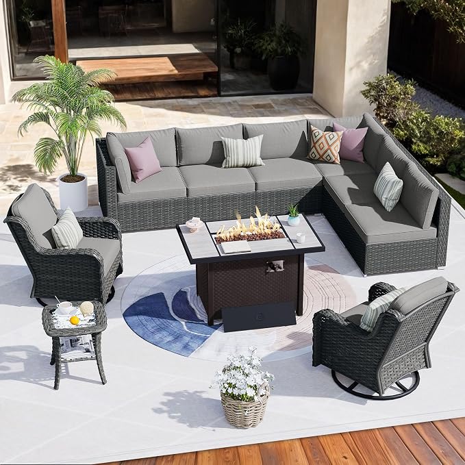 HOOOWOOO Outdoor Patio Furniture Set with Fire Pit 10 Pieces Patio Set with Fire Pit Wicker Outdoor Furniture with Fire Pit Table Set Patio Conversation Set with Swivel Chairs,Dark Gray
