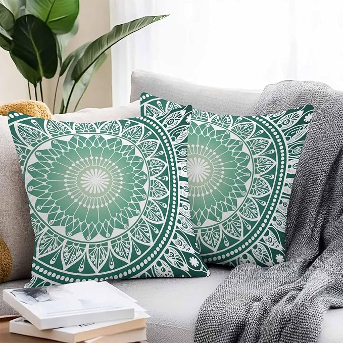 Vandarllin Outdoor Throw Pillows Covers 26x26 inch Set of 2 Waterproof Green Boho Floral Decorative Zippered Cushion Covers for Patio Furniture, Bohemian Sacred Space Art Lumbar Pillowcases
