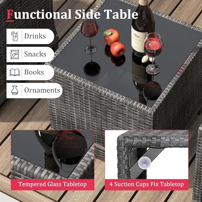 LDAILY Patio Furniture Set, 3 Pieces PE Rattan Wicker Patio Sofa Chairs with Washable Cushion & Glass Table, Outdoor Furniture Conversation Sets for Porch, Balcony, Garden, Poolside (Red)