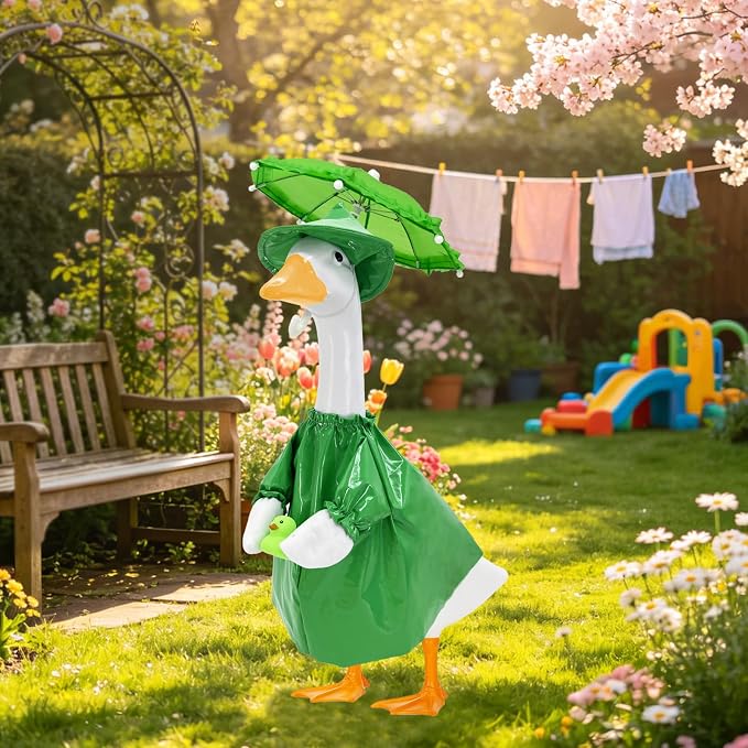 23 Inch Porch Goose Raincoat Outfit Set with Umbrella & Baby Duck Companion, Waterproof Geese Clothes for 19–23 Inch Goose and Duck Statues,Garden Yard Patio Outdoor Decor