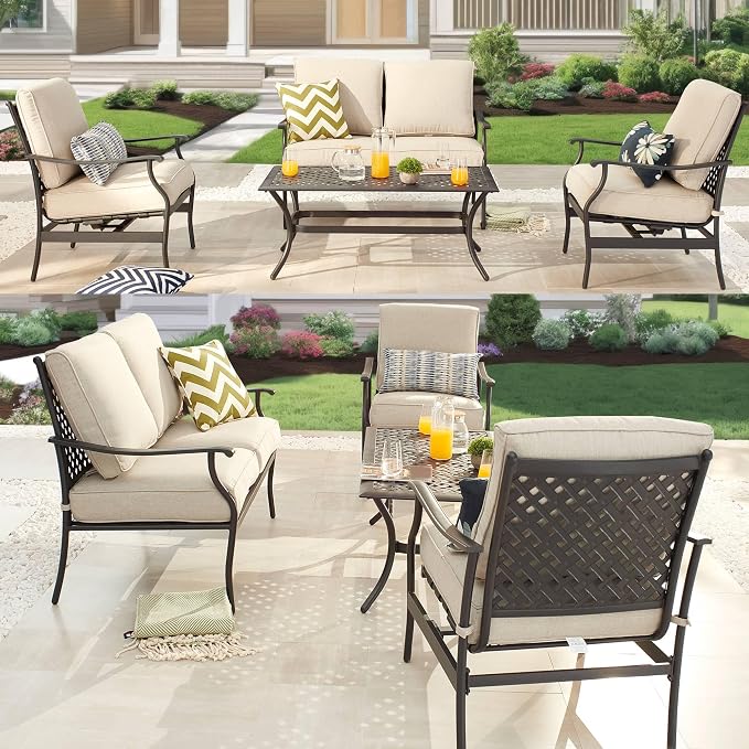 Patio Conversation Set 4 Pieces Cushioned Metal Outdoor Furniture Sets with All Weather Frame for Porch Backyard Lawn (Beige)