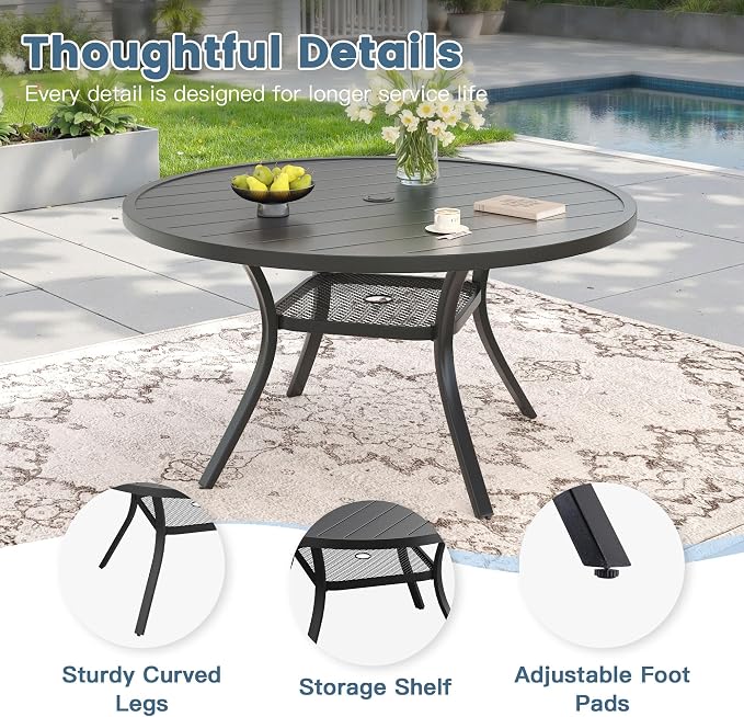 DIFY 7 Pieces Outdoor Dining Set for 6, Patio Furniture Set of 6 Wicker Patio Chairs with Soft Cushions and 47.2" Black Round Metal Table with Umbrella Hole, for Backyard Garden Deck, Wheat Rattan