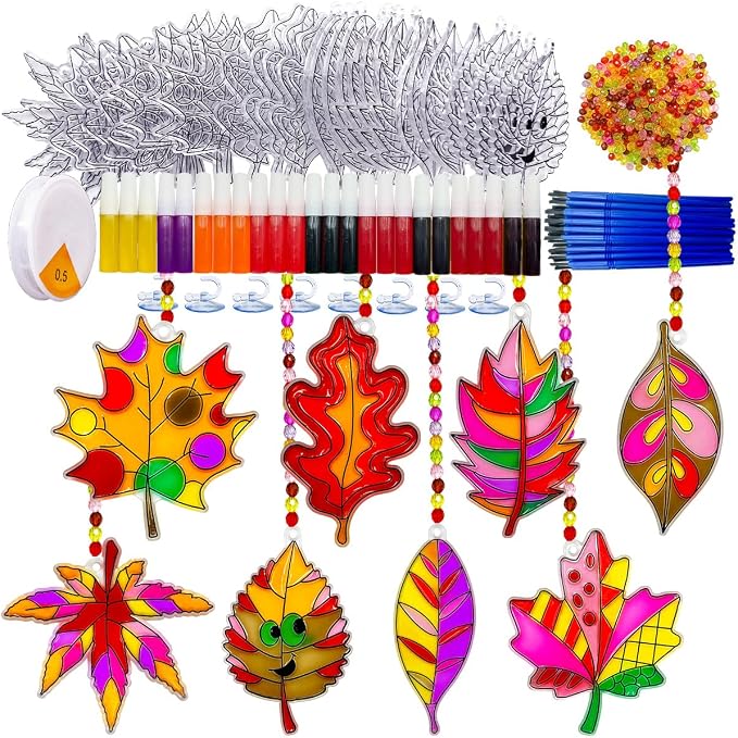 AUEKIV Suncatcher Kit 32 Sets Fall Leaf Suncatchers Window Art Paint Sun Catcher DIY Craft Kits Autumn Maple Leaf Sun Catchers Bulk for Thanksgiving Harvest Party Art Project Decoration