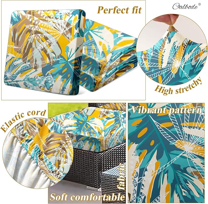 CALBODE 8pcs Outdoor Tropical Plant Printed Sofa Seat Cushion Covers Strechable, Dustproof Elastic Half-Covered Sofa Covers Washable Reusable Patio Furniture Protector（Blue and Yellow, Cover Only）