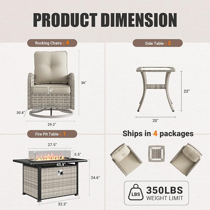 7Pcs Patio Rocking Swivel Chair with 55,000 BTU Fire Pit Table Outdoor Wicker Rattan Bistro Set with Tempered Glass Side Table, Outdoor Patio Furniture Set for Garden and Balcony, White