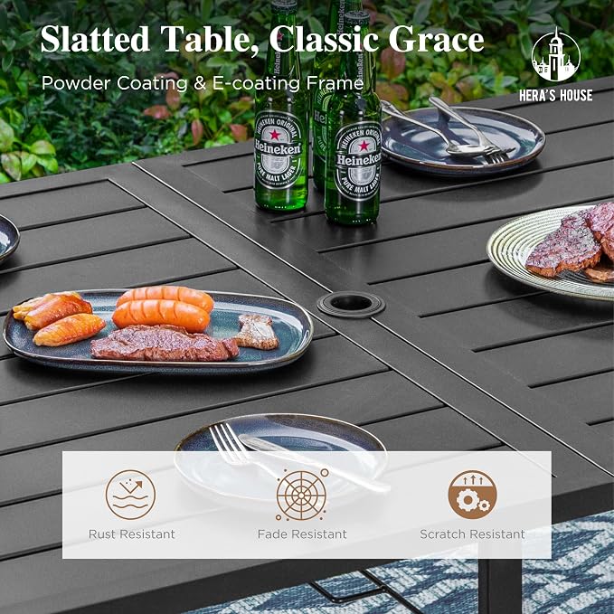 HERA'S HOUSE 7pc Patio Dining Set, 60" Metal Table, Textilene Chairs | Rectangular table with umbrella hole+ 6 red chairs. Waterproof, rust-resistant, all-weather for backyard, porch