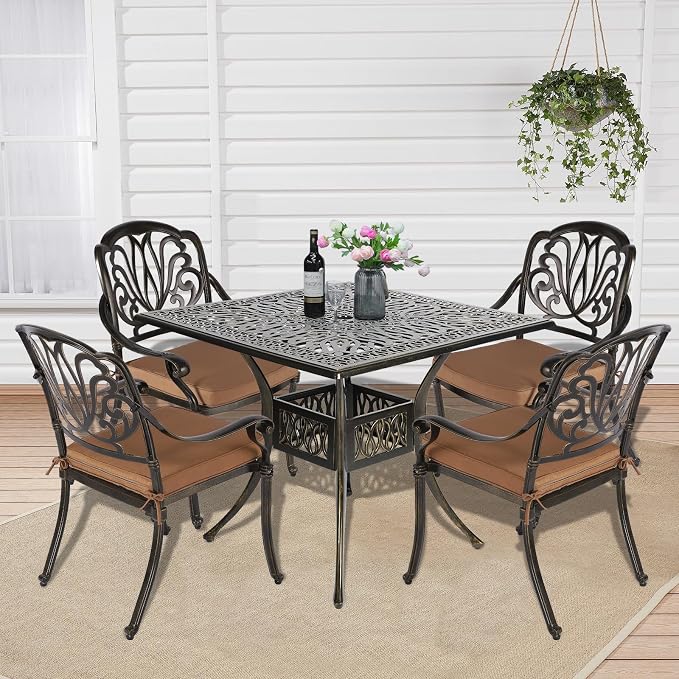 5-Piece Outdoor Patio Dining Set, All-Weather Cast Aluminum Patio Table Set, Include 4 Cushioned Chairs and a 35.4 inch Square Table w/Umbrella Hole for Balcony Garden Backyard, Khaki