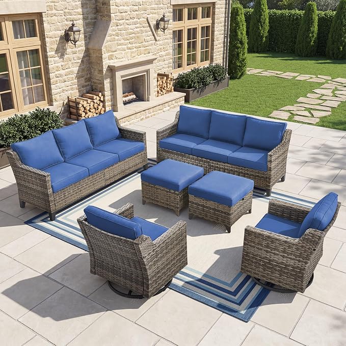 Belord Patio Wicker Swivel Rocker Patio Chairs with 3-Seater Sofa, Outdoor Rattan Chairs for Deck Porch Poolside, 6 Piece Luxury Patio Furniture Set, Blue