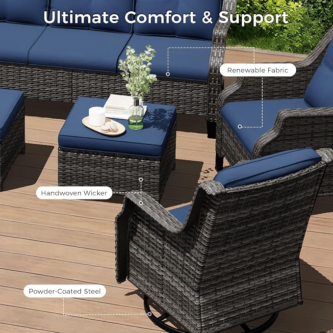 Outdoor Patio Furniture Set, 4 Piece Wicker Patio Furniture with Thick Cushions, Curved Armrest, Deep Seating, Outdoor Swivel Rocker Chairs for Porch, Deck, Balcony