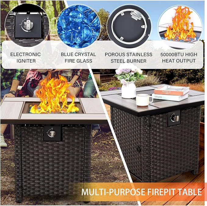 WAROOM Patio Furniture Set 5 Pieces Outdoor Conversation Sets PE Rattan Couch Loveseat Resin Wicker Sectional Sofa with Storage Box Coffee Table and Propane Fire Pit, Khaki Cushion