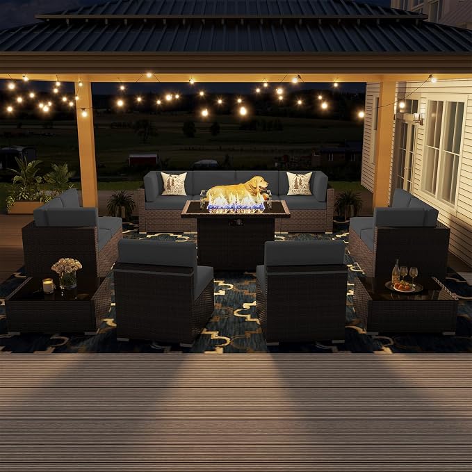 13 Pieces Patio Furniture Set with 44" Propane Gas Fire Pit Table, Outdoor Sectional Wicker Conversation Sofa Sets with Coffee Table