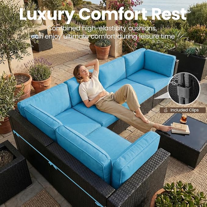 15 Pieces Patio Furniture Set with 44" Propane Gas Fire Pit Table, Outdoor Sectional Wicker Conversation Sofa Sets with Coffee Table