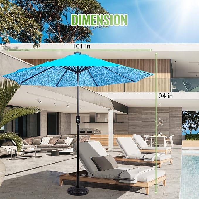 Backyard Expressions 9FT Solar Patio Umbrella with 32 LED Lights, UPF50+ UV Protection, Fade-Resistant Fabric, Easy Tilt & Crank, Outdoor Umbrella for Patio, Deck & Pool (Base Not Included)