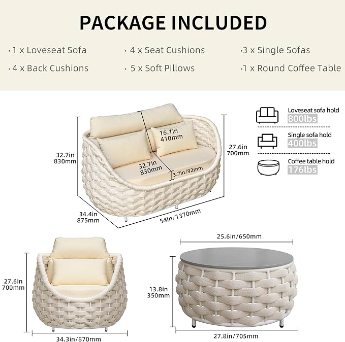 TWT 5-Piece Aluminum Patio Furniture Set, Olefin Rope Modern Outdoor Conversation Set Sectional Sofa with Water Repellent Thick Cushions and Coffee Table for Balcony, Garden, Beige