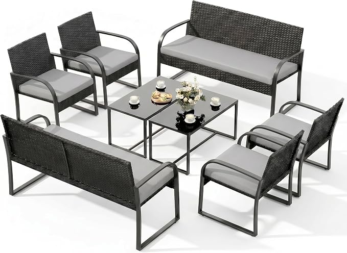 Gizoon 8 Piece Outdoor Patio Furniture Set, Outdoor Black Wicker Patio Furniture with Glass Coffee Table, Modern Rattan Chairs Conversation Set, for Porch, Garden, Lawn, Grey Cushion