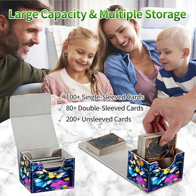 Card Deck Box for MTG, Cards Storage Box Fits 120+ Sleeved, Leather Small Size Strong Magnetic Closing Card Case for Board Games Magic TCG CCG Baseball Collection, Colorful Butterfly