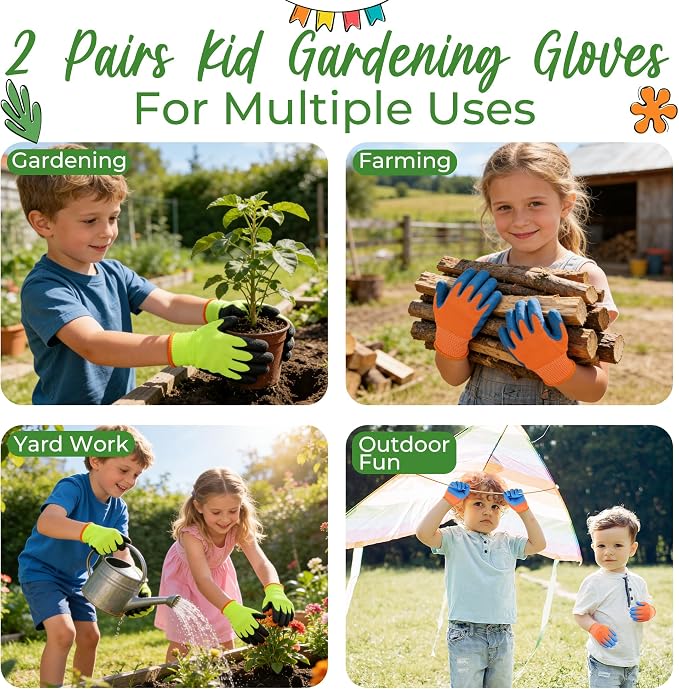 HANDLANDY 3 Pairs Kids Gardening Gloves, Grippy Kids Work Gloves, M | Foam Rubber Coated Children Toddler Garden Yard Work Cycling Outdoor Playing Gloves for Girls Boys