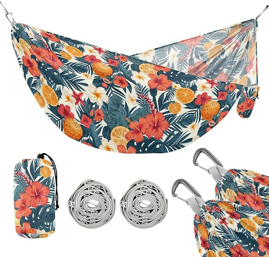 Camping Hammock Outdoor Hammocks for Outside Orange Hibiscus Flower Beach Trees Portable Lightweight with Pockets Tree Straps Indoor