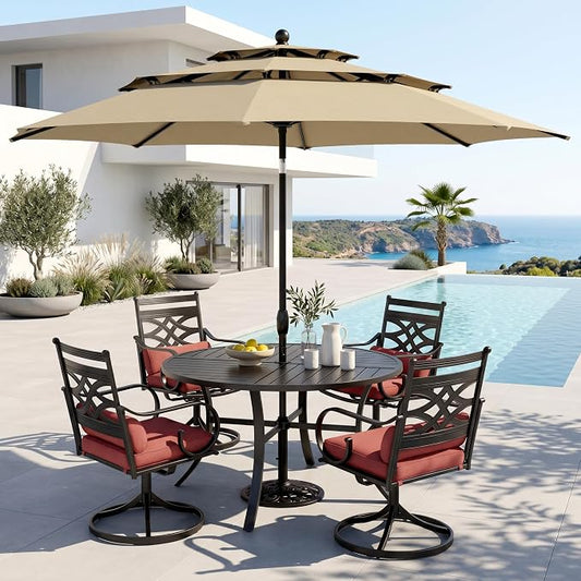 PHI VILLA Outdoor Dining Set with Umbrella for 4, 42" Metal Round Table & Wrought Iron Swivel Chairs, Patio Furniture with Red Cushions & Pillows for Deck, Porch