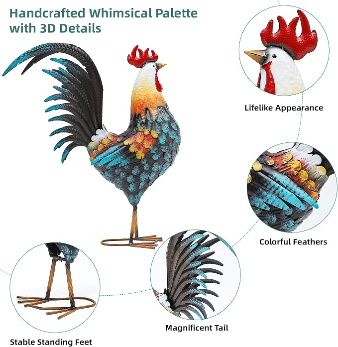 32" Majestic Metal Rooster Yard Decor, Large Outdoor Garden Statue | Outdoor Chicken Sculpture, 3D Hand-Painted, Rustic Farmhouse Style, Weather-Resistant Iron, Backyard Patio Lawn Garden