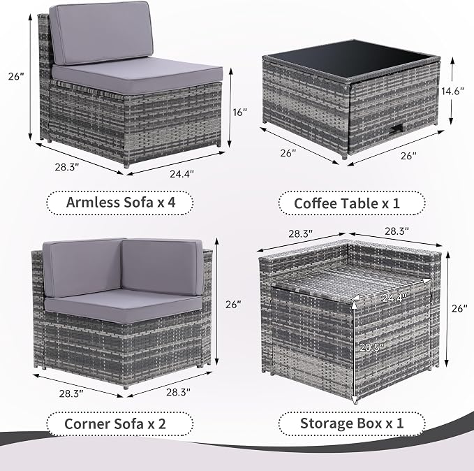 KROFEM 8 Piece Patio Furniture Set, Outdoor Modular Conversation Set, Grey | UV Treated Wickers, Machine Washable Cushions, Seats 6, 2 Hidden Storage Compartments, Rustproof Frame, Waterproof