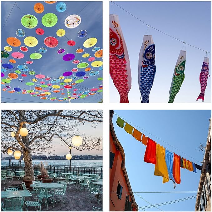 Outdoor String Light Hanging Kit Includ 164 FT Nylon Rope Cable | 304 Stainless Steel Turnbuckle & Hooks,Globe Light Suspension Kits,Patio Lights Guide Wire,Enough Accessories,Use Manual