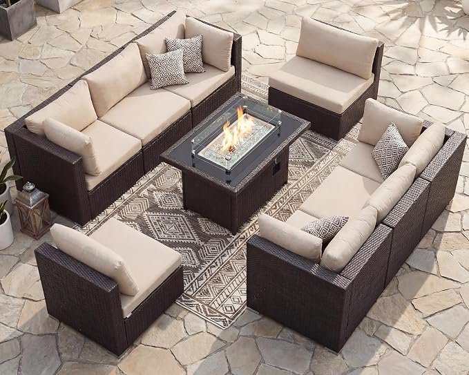 BULEXYARD 9 Pcs High Back Outdoor Sectional Set with Firepit Table, High-End Patio Furniture Seating Set, Big Oversized Wide Deep Modular 8-Seater Couch Sofa for Backyard, Brown Wicker & Beige Cushion