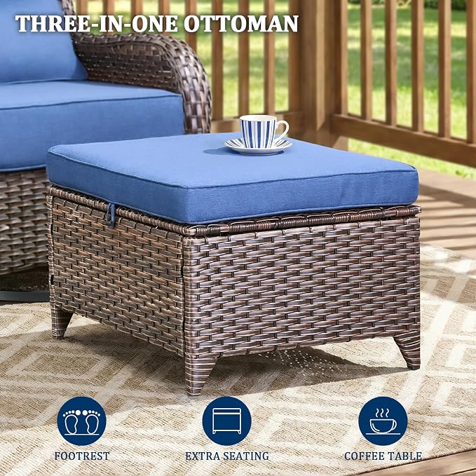 Luxury Swivel Rocker Chair Sofa Set with 6" Thick Cushions,6 Piece Wicker Swivel Rocker Patio Chair with footstools,Outdoor Comfortable High Back Chair Patio Furniture Set - Brown | Blue