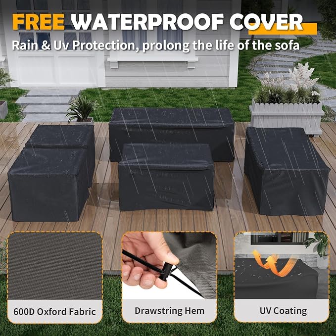 Amopatio Aluminum Patio Furniture Set with Fire Pit, 8 Pcs Metal Patio Sofa Sets with Glass Top Fire Pit Table, Modern Outdoor Furniture with 6" Cushion, Dark Grey (Included Waterproof Covers)