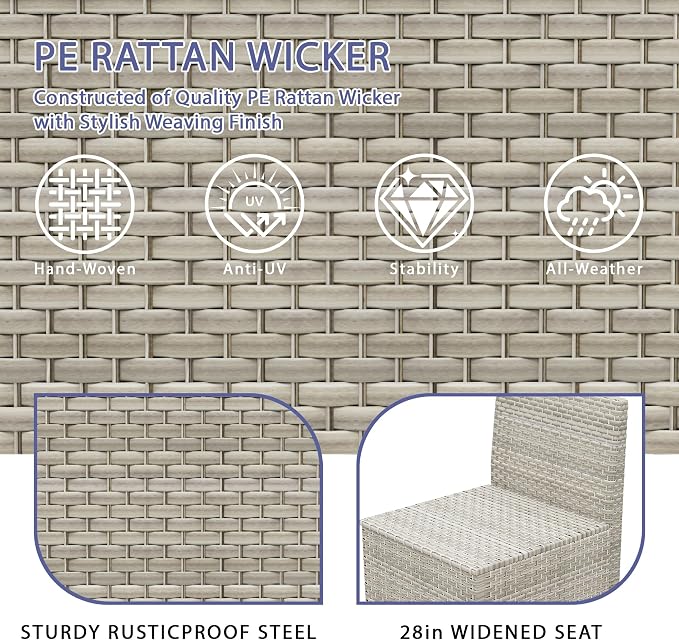13 Piece Patio Furniture Set with 50,000 BTU Rattan Fire Pit Table that Converts to Coffee Table, 9.8" Wide Arm Sectional Sofa with Storage Armrests, Outdoor Rattan Conversation Set, Grey