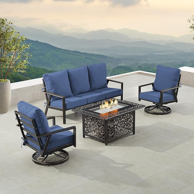 Oakland Living Black Aluminum Patio Fire Table Set with Deep Seating Sofa with Cushion and Two Club Chairs with Blue Cushions