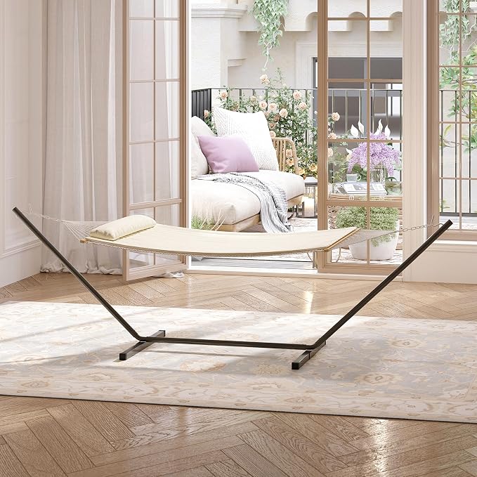 Double Hammocks with Stand for Outside, Heavy Duty Portable Outdoor Hammock with Soft Pillow & Paded, 450 LBS Weight Capacity, Perfect for Outdoor Indoor Patio Backyard Garden
