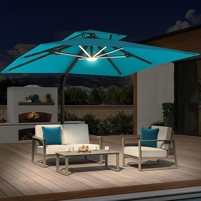 10x10 FT Cantilever Patio Umbrella with Base and Led Lights Double Top Outdoor Square Large Heavy Duty Aluminum Offset Umbrellas with 7 Level Tilt 360-degree Rotation for Pool Garden Deck, Turquoise