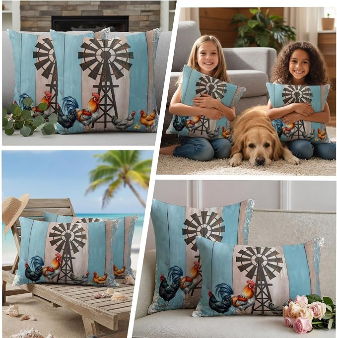 Rooster Hen Outdoor Pillow Covers 26"x26" Set of 2, Rustic Windmill Farmhouse Animal Wood Striped Country Waterproof Throw Pillow Covers for Patio Furniture, Decorative Cushion Covers for Porch