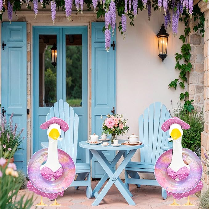 Porch Goose Summer Outfit for Cement or Plastic Goose 23'' Lawn Patio Statue, Bikini Goose Clothes, Hawaiian Outfit with Hat Sunglasses & Swimming Ring for Outdoor Garden Yard Decor (Pink)