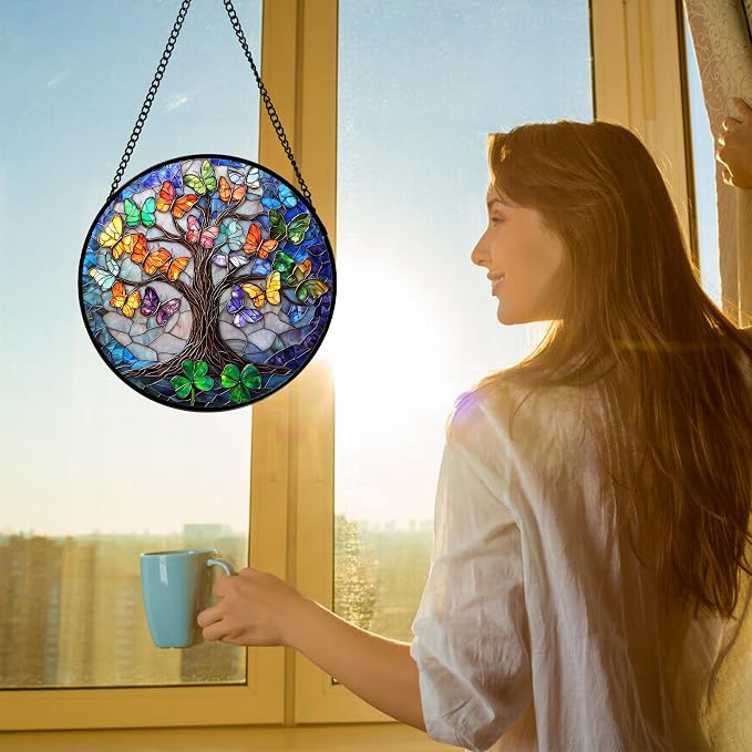 DASTOLL Stained Glass Window Hanging, Butterfly Tree Clover Sun Catchers Glass Panel Blue Suncatcher Decor for Birthday for Women, Men, Wife, Aunt, and Mom 7.8 in