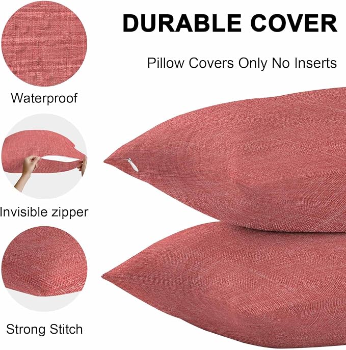Vandarllin Outdoor Throw Pillows Covers 18x18 inch Set of 2 Waterproof Coral Red Linen Decorative Zippered Cushion Covers for Patio Furniture, Farmhouse Pure Color Lumbar Pillowcases