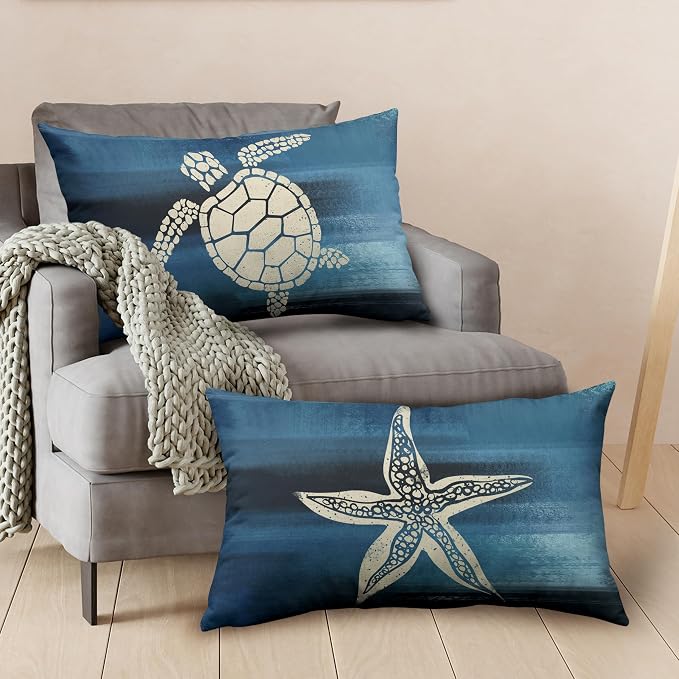 Starfish and Turtle Pillow Covers Sea Ocean Coastal Theme Rectangle Pillow Case 12x20 Beach Nautical Navy Blue Lumbar Throw Pillow Covers for Bedroom Living Room Sofa 2 Pack