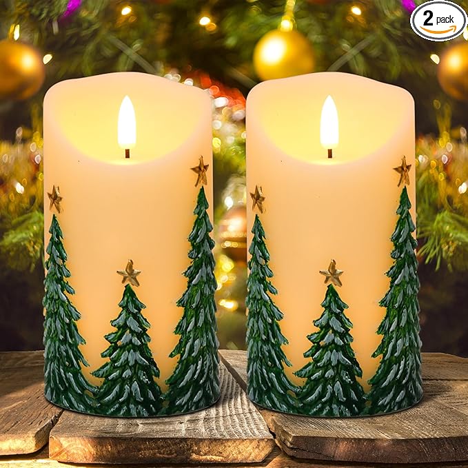 Wondise Christmas Flameless Candles with Timer, Battery Operated Flickering 3D Wick Real Wax Christmas Tree Candles for Christmas Holiday Indoor Decoration, Set of 2, Ivory(D3 x H5.7 Inch)