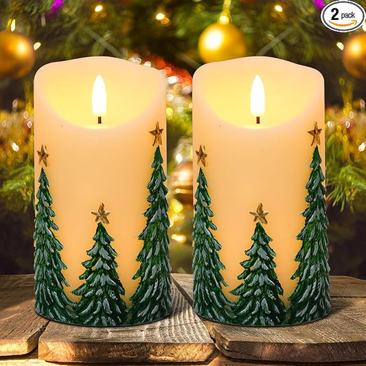 Wondise Christmas Flameless Candles with Timer, Battery Operated Flickering 3D Wick Real Wax Christmas Tree Candles for Christmas Holiday Indoor Decoration, Set of 2, Ivory(D3 x H5.7 Inch)