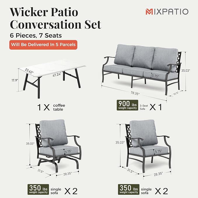 MIXPATIO Patio Furniture Set 6 pcs, Outdoor Patio Furniture, 1 X 3-Seat Sofa, 2 X Single Chairs, 2 X Rocker Chairs, 1 X Coffee Table and 5.75" Extra Thick Cushion, Patio Conversation Set,Grey