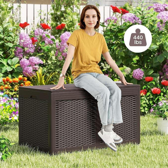 HAPPYGRILL 100 Gallon Resin Deck Box Outdoor Waterproof Storage with Lockable Lid, Rattan Texture Storage Container with Wheels for Pool Accessories, Garden Tool, Patio Furniture Cushion (Brown)