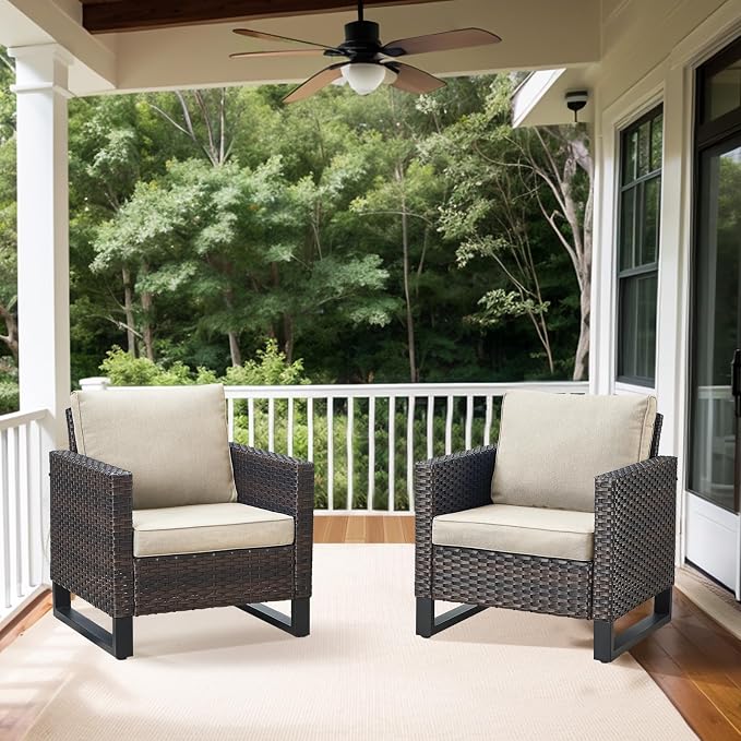 Belord Oversize Patio Chairs Set of 2 Outdoor Wicker Dining Chairs, All-Weather Rattan Patio Club Chair Furniture Sets with Water-Resistant Cushion Anti-Rust Frame Brown